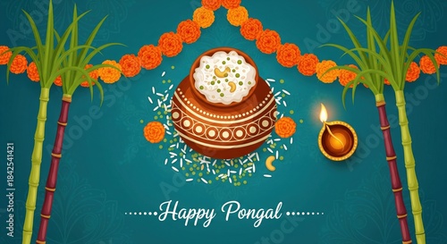 Traditional Happy Pongal Festival Celebration with Harvest Elements