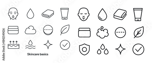 Minimalist skincare icon set: face, water, moisturizer, leaf, pr