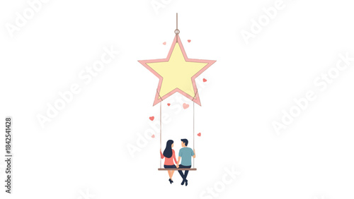 Celestial Serenade: Two figures sit on a swing under a large star, representing a romantic and dreamy atmosphere. The pink hearts floating around the scene enhance the feelings of love and connection.