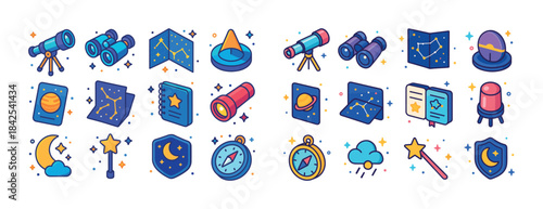 Colorful astronomy and stargazing icons collection