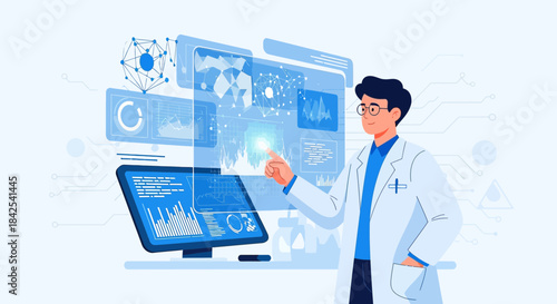 Scientist interacting with advanced digital interface for data analysis in laboratory setting