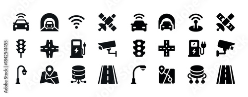 Transport and technology icons: car, satellite, wi-fi, surveilla