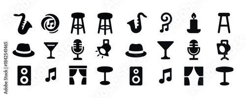 30 black icon set: music, drinks, hats, and furniture silhouette