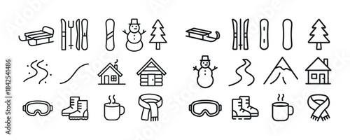 Winter icons set: snowman, skis, snowboard, cabin, hot drink, sc
