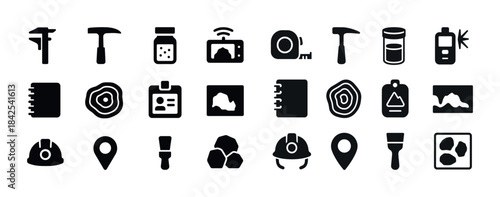 Mining equipment icons: drill, gps, helmet, map, tools in black