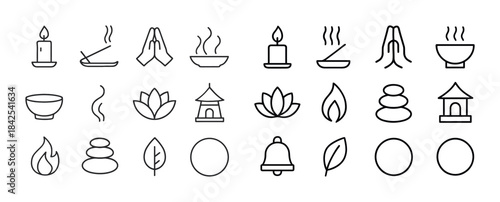 Minimalist line icons of meditation and relaxation elements