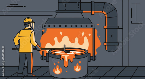 Stylized illustration of a foundry worker handling molten metal in industrial facility