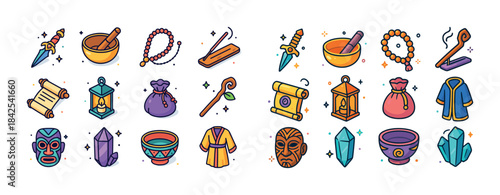 Colorful icon collection of magic and ritual artifacts