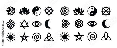 Collection of spiritual symbols including lotus, yin yang, star,
