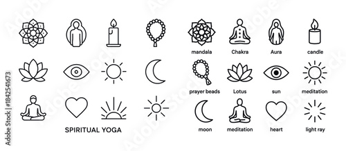 Spiritual yoga icons: mandala, chakra, meditation, candle, lotus
