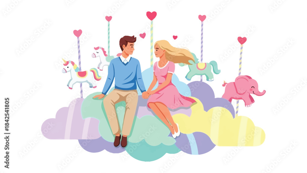 Fototapeta premium Love's Carousel: A captivating illustration that showcases a young couple sitting on a whimsical cloud amidst a carousel of hearts and toy animals.