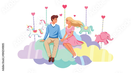 Love's Carousel: A captivating illustration that showcases a young couple sitting on a whimsical cloud amidst a carousel of hearts and toy animals.