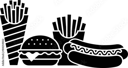 Fast Food Icons Set with Burger, Hot Dog, and French Fries