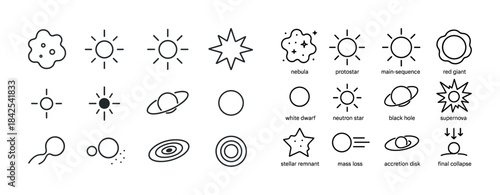 Astronomical lifecycle icons: nebula to black hole journey illus