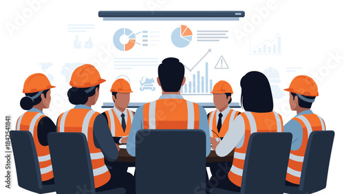 A group of construction workers wearing orange hard hats and vests sitting at a table looking at a presentation on a screen