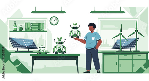 Sustainable technology integration with renewable energy and robotics engineering concept