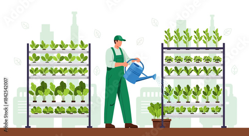 Urban Vertical Farming Illustration: Cultivating Green Spaces for Sustainable Living in the City