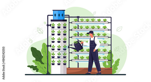 Vertical farming illustration showcasing sustainable agriculture and hydroponic technology for