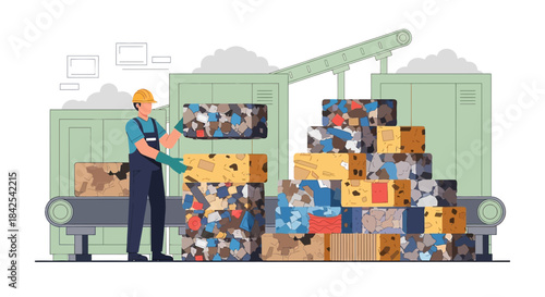 Worker stacking recycled compressed material blocks in a processing plant for waste management