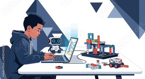 Young Innovator Embracing Technology and Robotics, Programming with Enthusiasm and Creativity