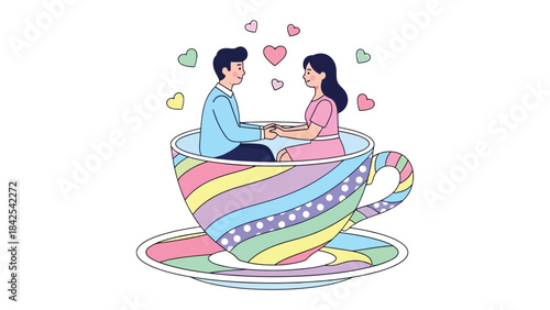 Whimsical Romance: A sweet couple shares an intimate moment, nestled within a vibrant teacup filled with hearts, symbolizing a lighthearted and affectionate relationship.