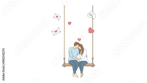 Love on a Swing: A tender depiction of a couple, engrossed in a shared moment of affection, sitting together on a swing. The illustration evokes feelings of romance and tranquility.