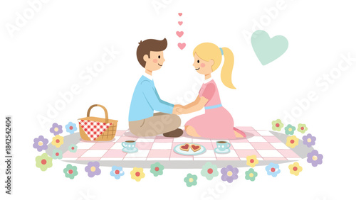 Love's Picnic: Two figures share a moment of connection amidst a charming picnic scene, with hearts symbolizing their affection. 