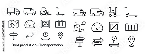 Transportation logistics icons: delivery vehicles and navigation