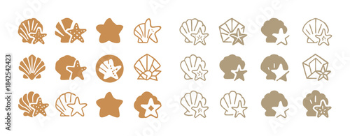Collection of stylized seashell and starfish icons in earth tone
