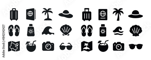 Vacation icons: travel, beach, and adventure symbols for summer