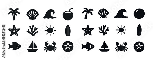 Beach and ocean icons: palm trees, shells, waves, and sea creatu