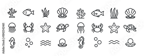 Marine life icons set: sea creatures, shells, seaweed, waves, se