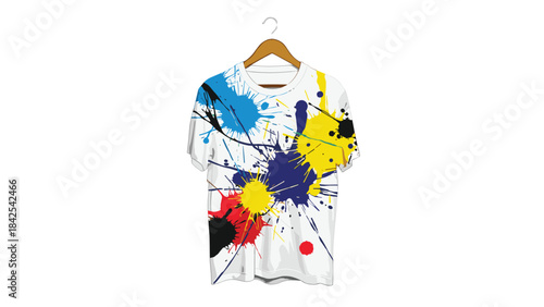 Colorful abstract paint splatter design on a white shirt hanging on a wooden hanger with vibrant blue, yellow, red, and black splashes