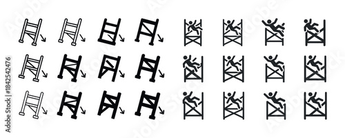 Safety ladder icon set: climbing and falling warnings