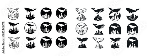 Whale silhouettes with cityscapes: icon set of aquatic and urban