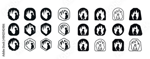 Silhouette icon set of people in caves with diverse styles and f