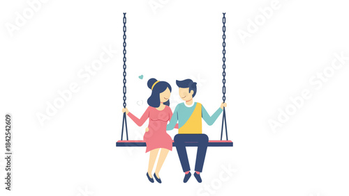 Love on a Swing: A couple shares a tender moment on a swing, surrounded by a peaceful and idyllic atmosphere. The illustration exudes romance and intimacy, showcasing the joy of togetherness.