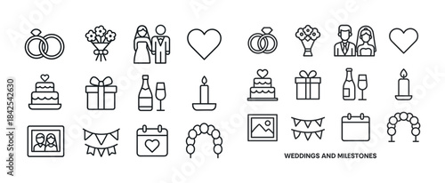 Wedding and milestone icons: rings, cake, gifts, candle, heart,