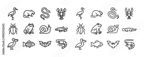 Collection of minimalist animal icons featuring reptiles, mammal