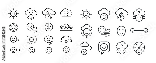 Weather and mood icons: sun, rain, cloud, wind, emotions, faces
