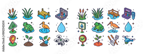 Wetland conservation icons: plants, animals, tools, and signs in