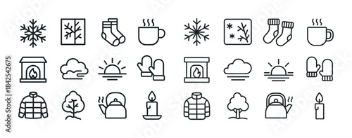 Winter icons: cozy mittens, hot drinks, snowflakes, fireplaces,