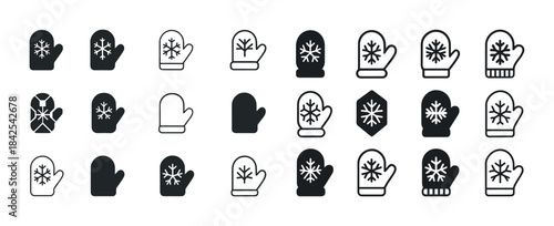 Winter mittens icon set with snowflake designs in black and whit