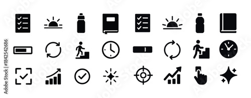 Icon set: checklist, sunrise, water bottle, book, progress, alar