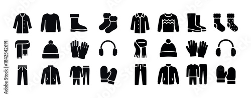 Winter clothing icons set featuring coats, sweaters, hats, boots