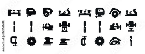 Collection of black woodworking tool icons: saw, drill, router,