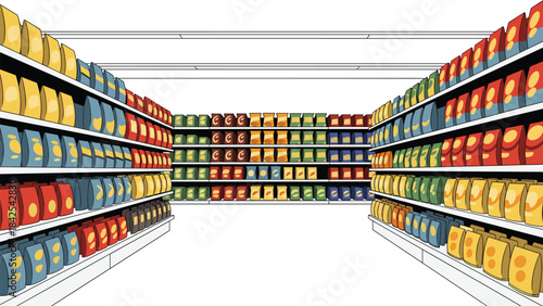 Aisle in a supermarket with colorful rows of food and product cans on shelves