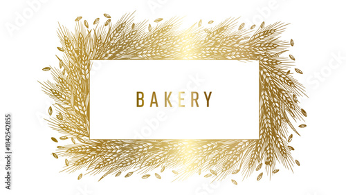 Golden wheat frame decoration for a bakery card with copy space and branch illustration