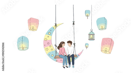 Couple Under the Celestial Canvas: A couple shares a tender moment beneath the gentle glow of the moon, surrounded by vibrant lanterns soaring into the night sky.