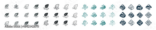 Stylized leaf and water icon set in various designs and colors